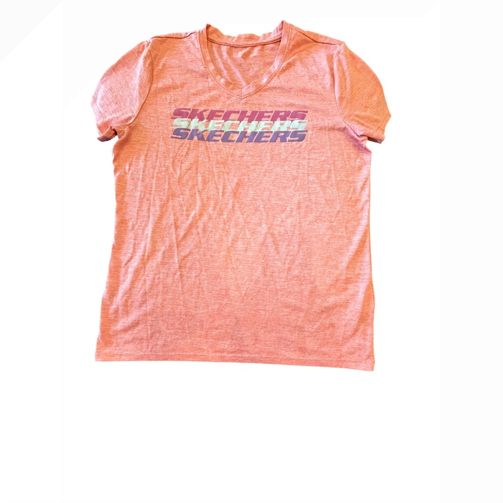 Skechers Women's Coral Pink V-Neck Graphic Logo Short Sleeve T-Shirt small